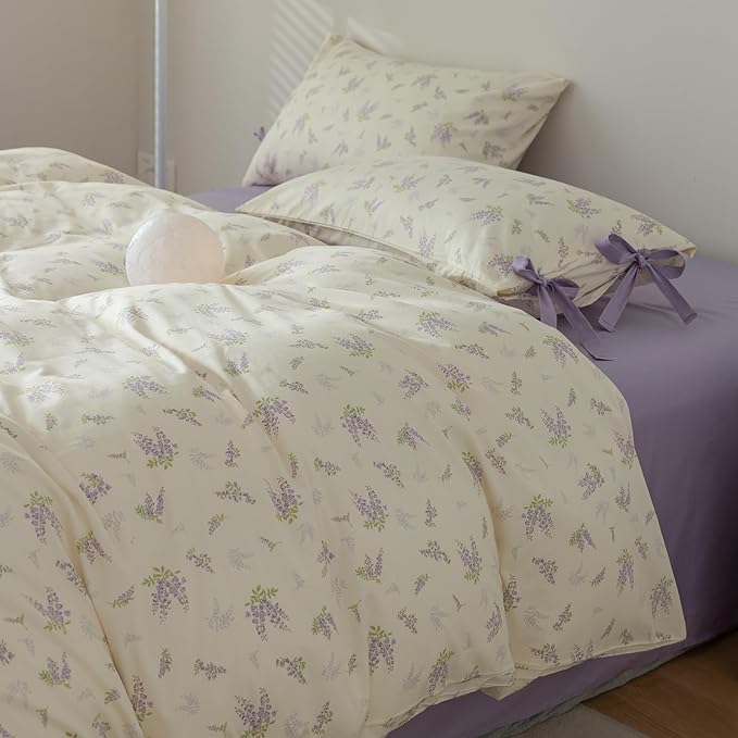 mixinni Lavender Flower Duvet Cover Queen Cotton Teenage Girls Flower Leaf - Image 6