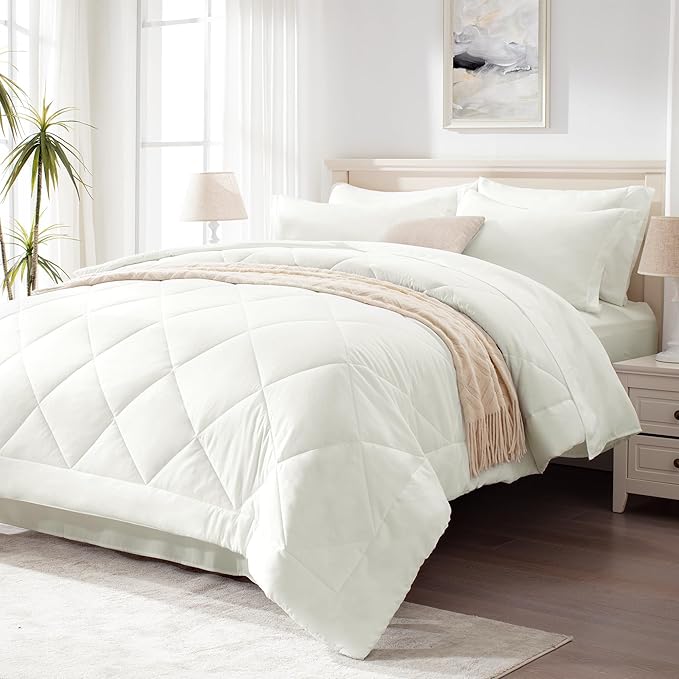 Love's cabin Queen Comforter Set Ivory, 7 Pieces Queen Bed in a Bag, All Season by Lovescabin