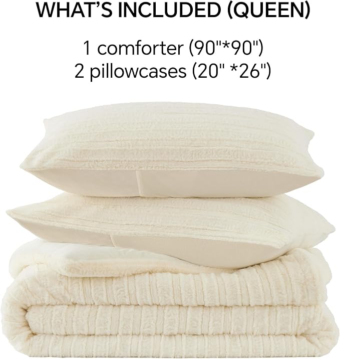 BEDELITE Fleece Queen Comforter Set -Super Soft & Warm Fluffy Cream White Faux - Image 8