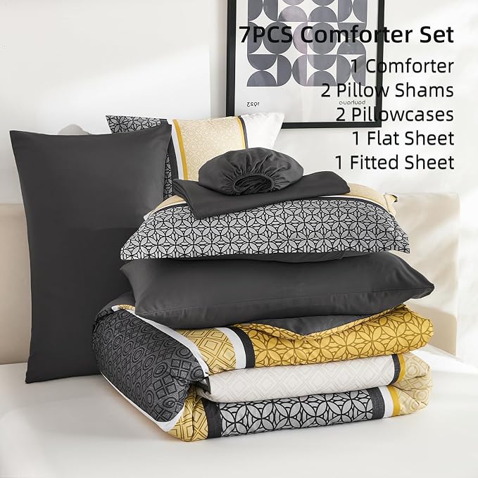 WONGS BEDDING Yellow Grey Queen Comforter Set 7 Pieces, Boho Striped Bed in a - Image 6