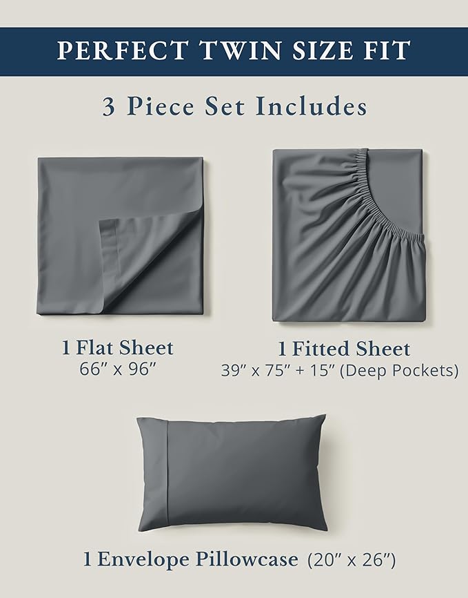 LANE LINEN 100% Organic Cotton 3Pc Bed Sheets Twin Size, Classic Percale Weave - Image 4