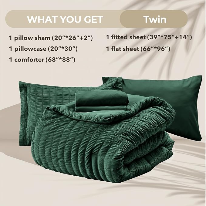 HYMOKEGE Emerald Green Twin Comforter Set Seersucker 5 Pieces, All Season - Image 6
