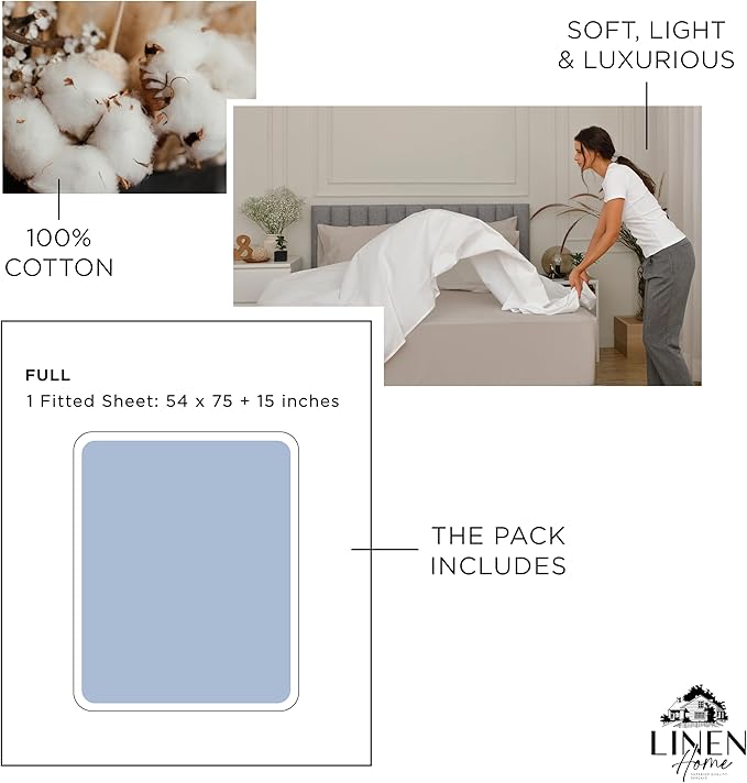 Linen Home 100% Cotton Percale Weave Fitted Sheet Full Size Only, Baby Blue - Image 6