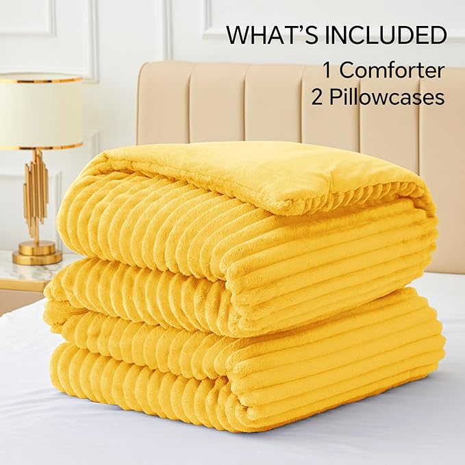 BEDELITE Fleece Queen Comforter Set -Super Soft & Warm Fluffy Bright Yellow - Image 6