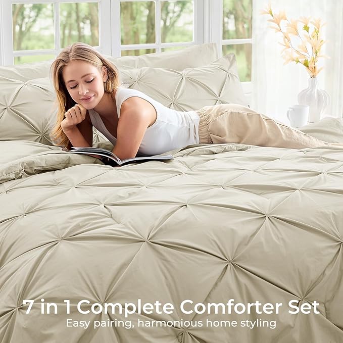 Sasttie King Size Comforter Set, 7-Piece Bed in a Bag, Pintuck Bedding Set - Image 6