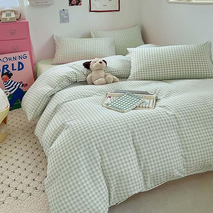 Nayoroom Green Gingham Duvet Cover Full Size Plaid Dorm Bedding Set 3 Pieces - Image 3