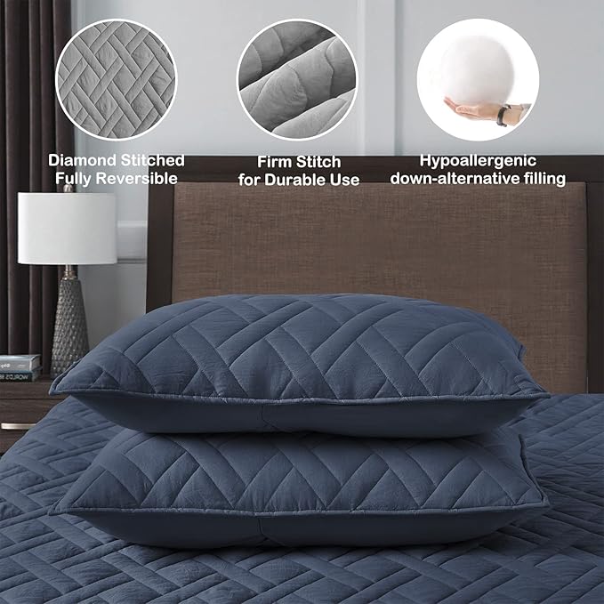 HORIMOTE HOME Quilt Set King Size Navy Blue, Classic Geometric Diamond Stitched - Image 4