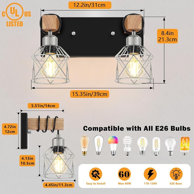 FadimiKoo Farmhouse Bathroom Light Fixtures, Rustic 2-Light Wood Vanity Lights - Image 2