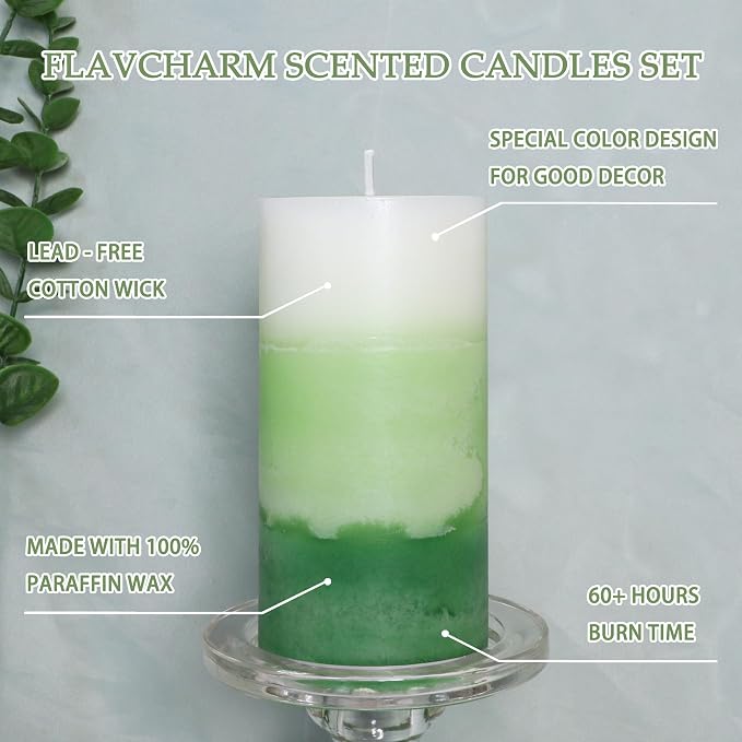 Pillar Candles 3x6 Inch Eucalyptus Scented Hand-Poured 3-Layers Green Gradient - Image 3