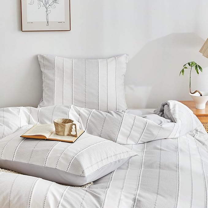 WARMDERN Light Grey Striped Weave Duvet Cover Twin Size, Microfiber Textured - Image 7
