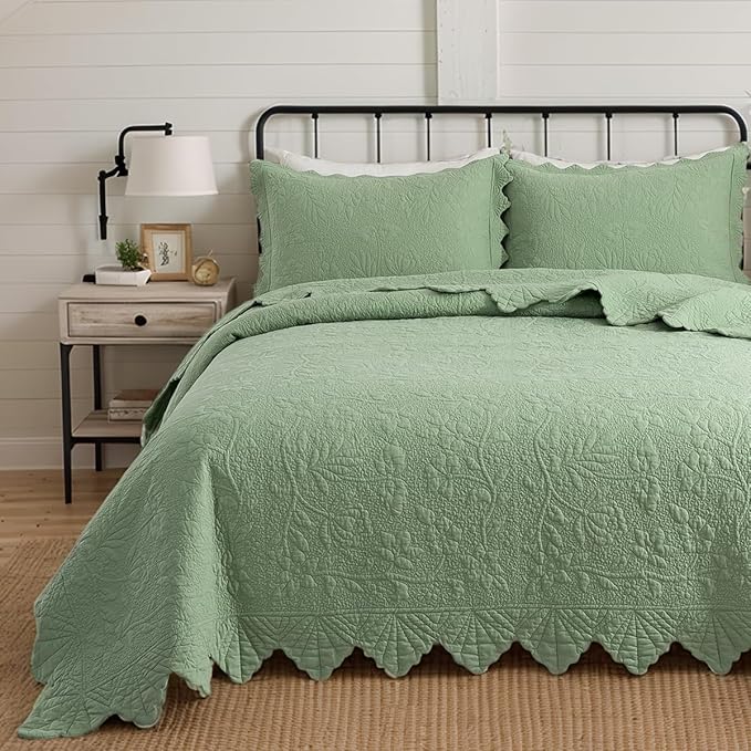 Brandream Premium Sage Green Cotton Quilt Set Queen Size Floral Vine Stitching by Brandream
