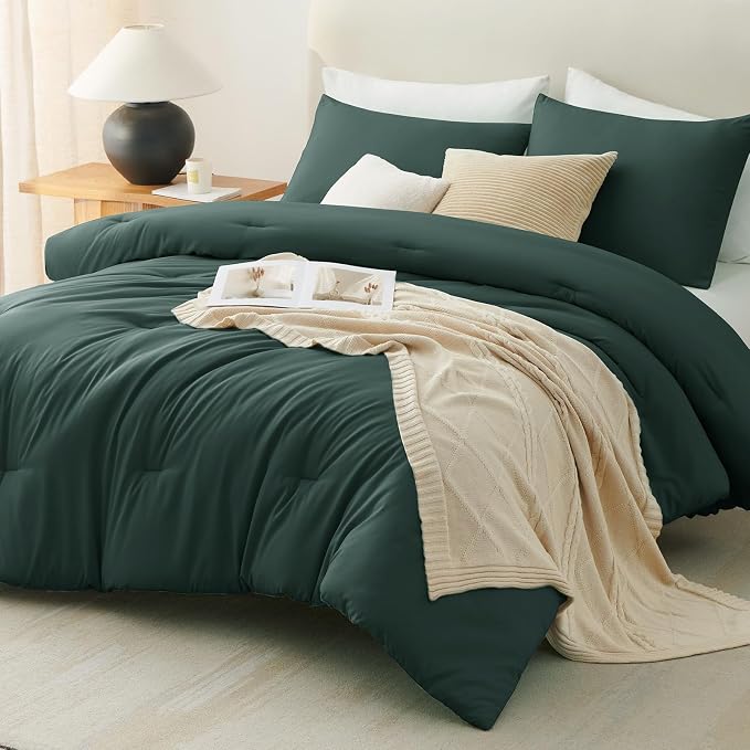 CozyLux Oversized Queen Comforter Set Forest Green, 3 Pieces 98x98 Solid - Image 9