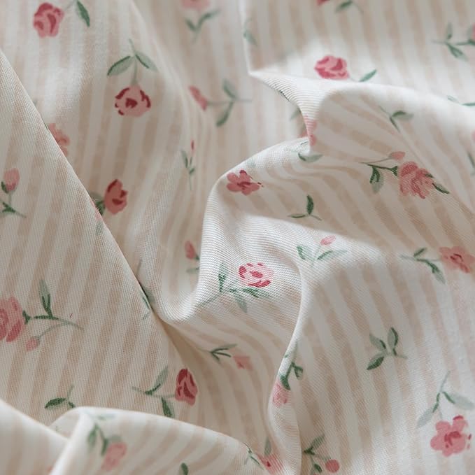 mixinni White Flower Pattern Duvet Cover King Pink Floral Stripes Duvet Cover - Image 5