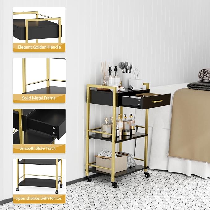 Salon Trolley Cart with Wheels, Esthetician Cart with 1 Drawer & 2 Trays - Image 4