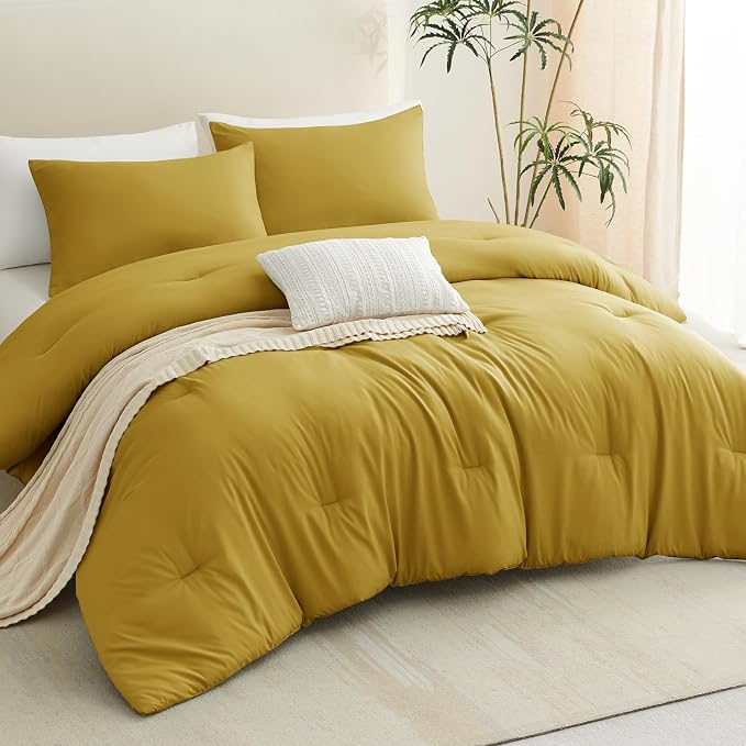 CozyLux Queen Comforter Set Mustard Yellow, 3 Pieces Solid Comforters Queen - Image 7