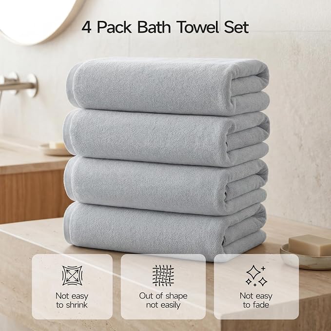 ecolook Bath Towels Set of 4, 100% Cotton, 27 x 55 Inches, Quick-Drying & - Image 4
