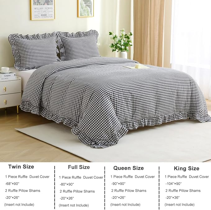Silnuo Black/White Checkered Ruffle 3-Piece Duvet Cover Set Queen Size - Image 4