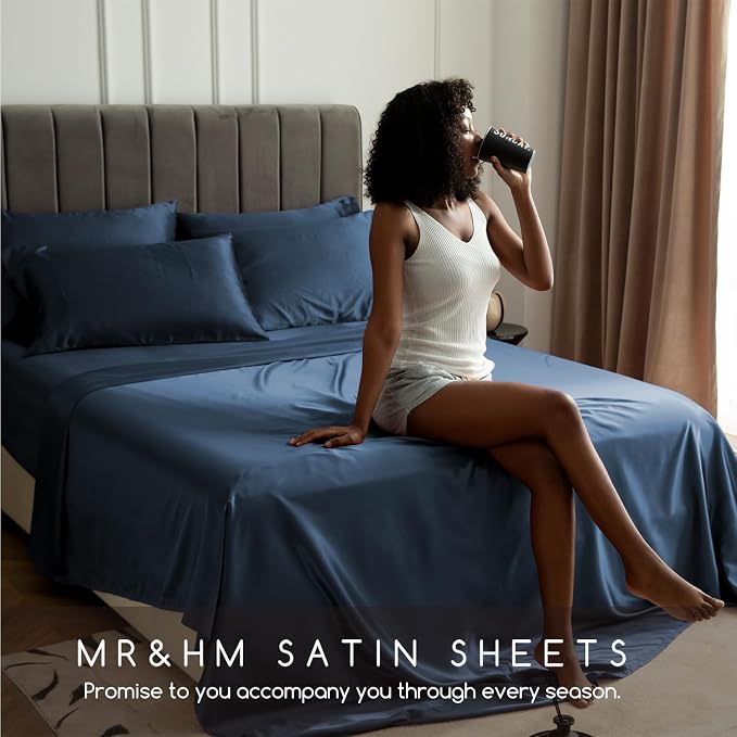 MR&HM Satin Bed Sheets with Elastic Corner Straps, Full Size Sheets Set - Image 5