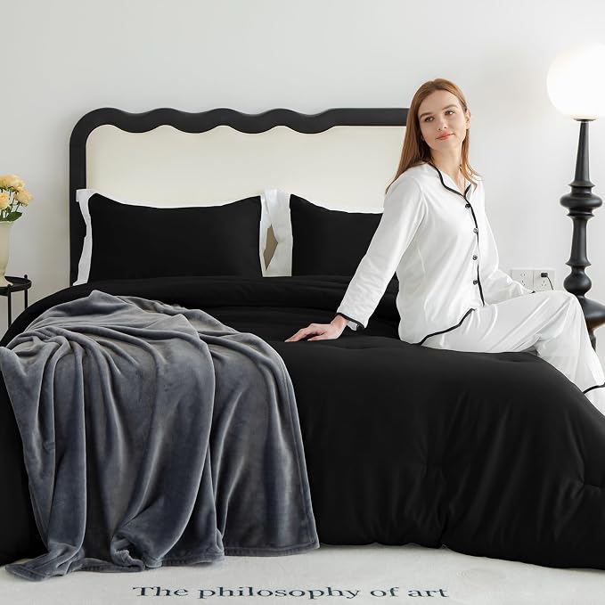 CozyLux Queen Comforter Set Black, 3 Pieces Solid Comforters Queen Size - Image 9