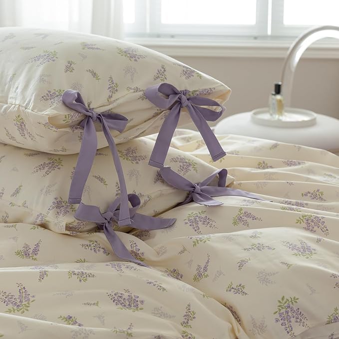 mixinni Cotton Purple Floral Duvet Cover Twin Size Soft Cottage Ribbon Bedding - Image 3