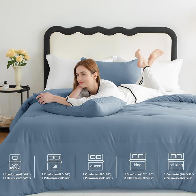 CozyLux Grayish Blue King Size Comforter Set, 3 Pieces Dusty Blue Solid - Image 6