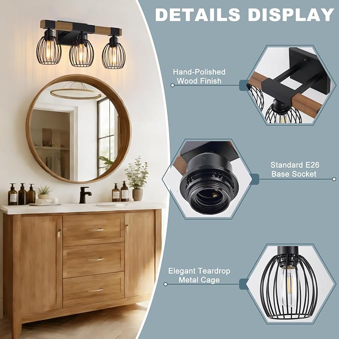 3-Light Farmhouse Bathroom Vanity Light Fixtures, Rustic Wood Bathroom Light - Image 3