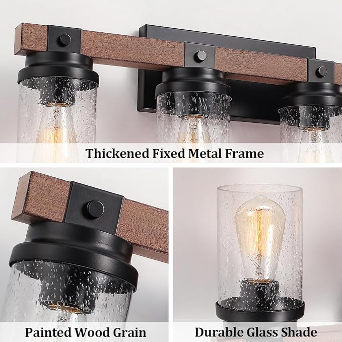 4-Lights Farmhouse Bathroom Vanity Light, Rustic Wood Bathroom Light Fixtures - Image 3