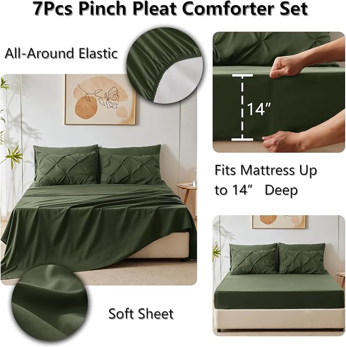 CozyLux Full Size Comforter Sets Olive Green, 7 Pieces Pintuck Bed in A Bag - Image 6
