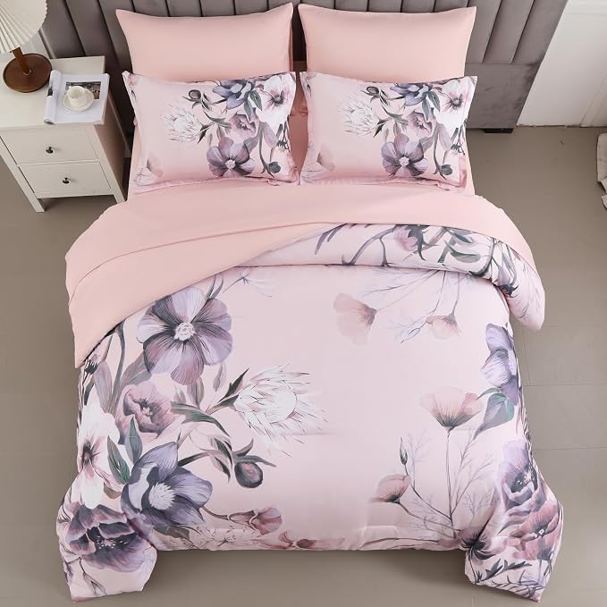 Luxudecor Floral Comforter Set Full Size 7 Piece, Blush Pink Flower Bed in a Bag - Image 3