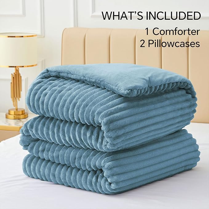 BEDELITE Fleece King Comforter Set -Super Soft & Warm Fluffy Blue Fog Bedding - Image 6