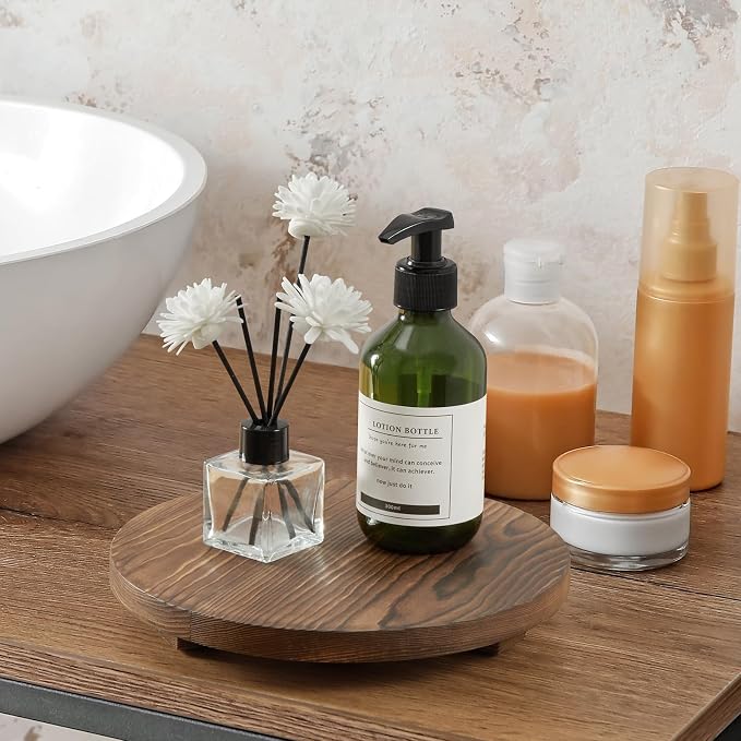 Small Round Decorative Tray Burnt Wood Bathroom Counter Organizer Pedestal - Image 7
