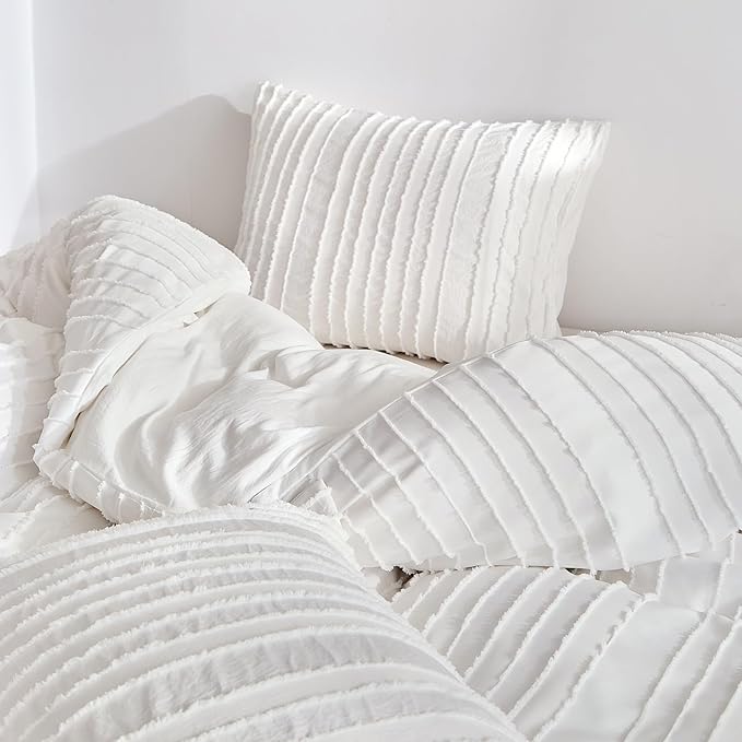 WARMDERN White Boho Duvet Cover Set Queen Size, Striped Textured Tufted Bedding - Image 8