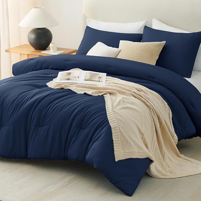 CozyLux Queen Comforter Set Navy Blue, 3 Pieces Solid Comforters Queen Size - Image 8