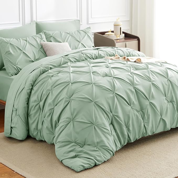 HIMEET Pintuck Bed in a Bag, 7 Pieces Queen Size Comforter Set Sage Green by Unknown