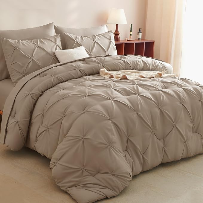 CozyLux Full Size Comforter Sets Khaki, 7 Pieces Pintuck Bed in A Bag Khaki by CozyLux