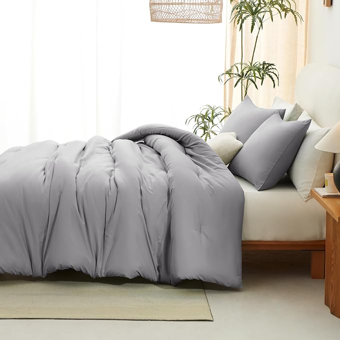CozyLux King Size Comforter Set Grey, 3 Pieces Solid Comforters King Size - Image 7