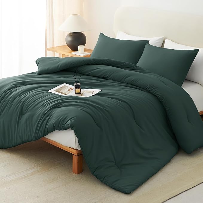 CozyLux Queen Comforter Set Forest Green, 3 Pieces Solid Comforters Queen Size by CozyLux