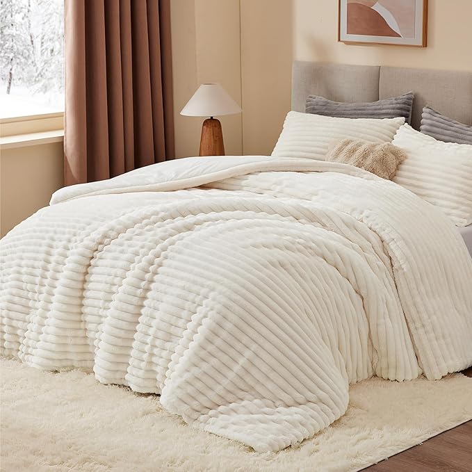 BEDELITE Fleece Queen Comforter Set -Super Soft & Warm Fluffy Cream White - Image 2
