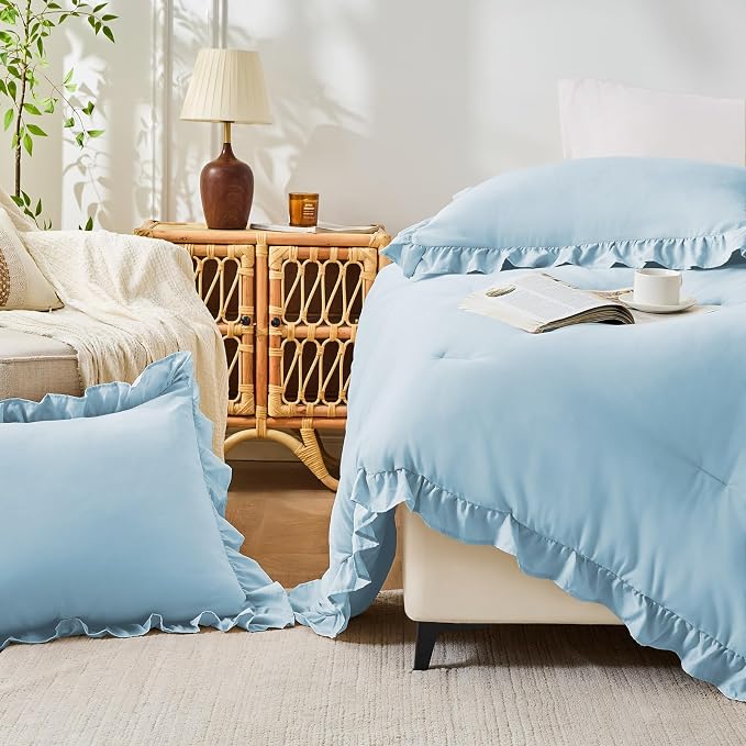 FUANNA King Size Comforter Set Light Blue, 3 Pieces Ruffle King Bedding Set - Image 7