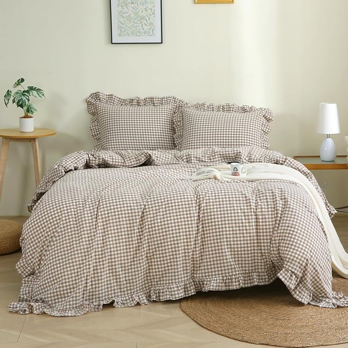Silnuo Taupe/White Plaid Ruffle Duvet Cover Twin Size, 100% Washed Cotton 3 Pcs by Silnuo