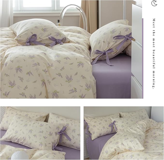 mixinni Cotton Purple Floral Duvet Cover Twin Size Soft Cottage Ribbon Bedding - Image 5