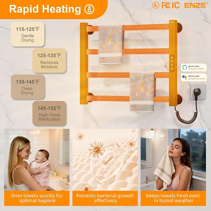 ENZE Smart Heated Towel Rack, 4-Bar Wall-Mounted Electric Towel Warmer 115W - Image 3