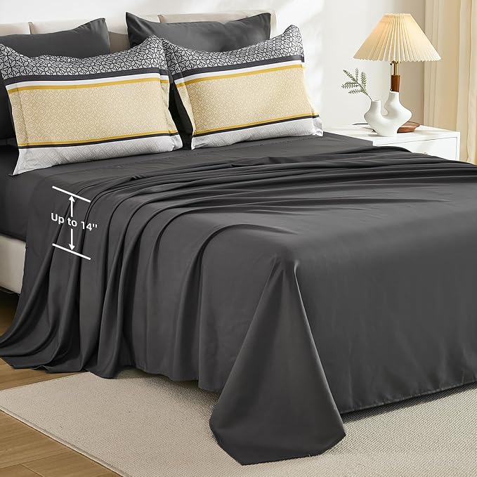 WONGS BEDDING Yellow Grey Queen Comforter Set 7 Pieces, Boho Striped Bed in a - Image 5