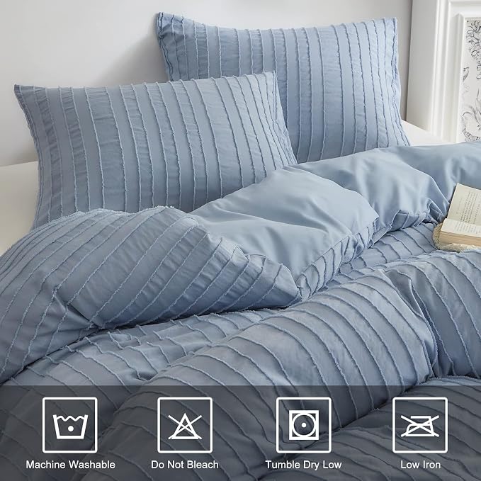 WARMDERN Blue Boho Duvet Cover Set Full Size, Striped Textured Duvet Cover - Image 4