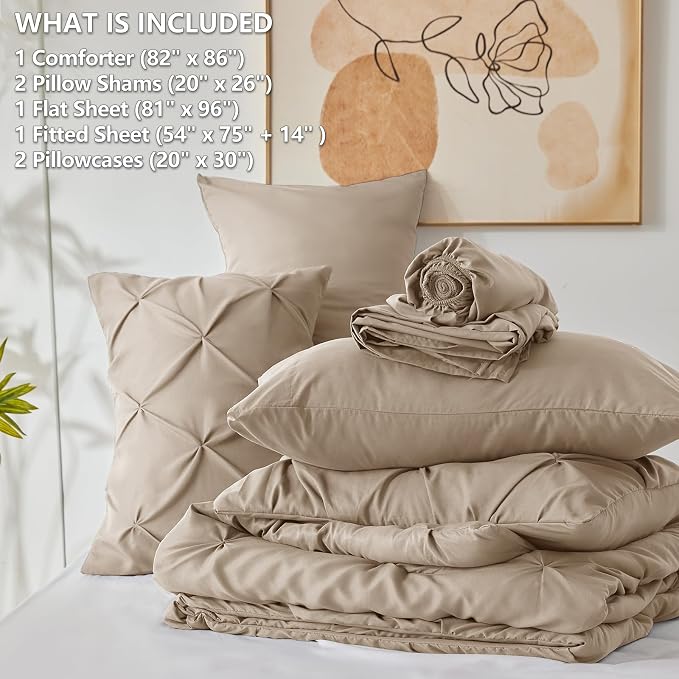 CozyLux Full Size Comforter Sets Khaki, 7 Pieces Pintuck Bed in A Bag Khaki - Image 5
