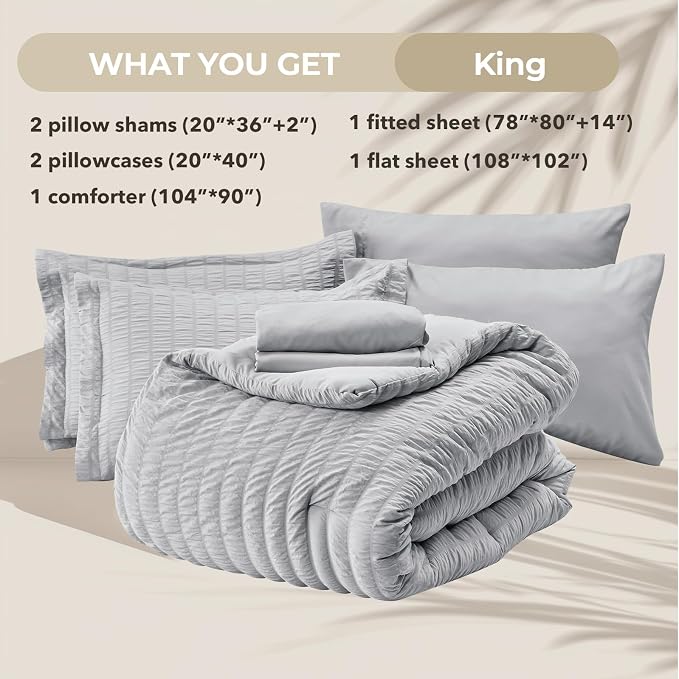 HYMOKEGE Light Grey King Size Comforter Set Seersucker 7 Pieces, All Season - Image 5
