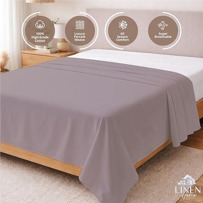 Linen Home 100% Cotton Percale 1 Flat Sheet, King Size - Image 3
