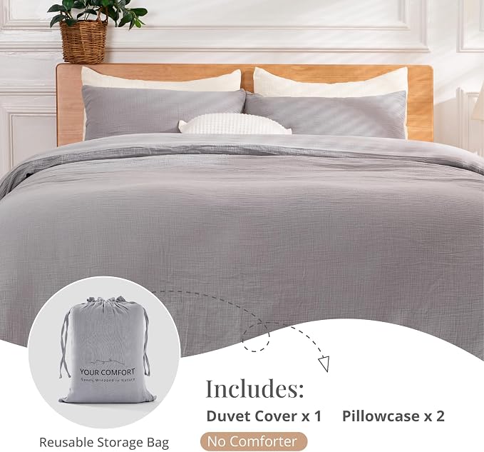 Gray Duvet Cover Queen Size, 100% Sandwashed Cotton Soft Queen Duvet Cover Set - Image 6