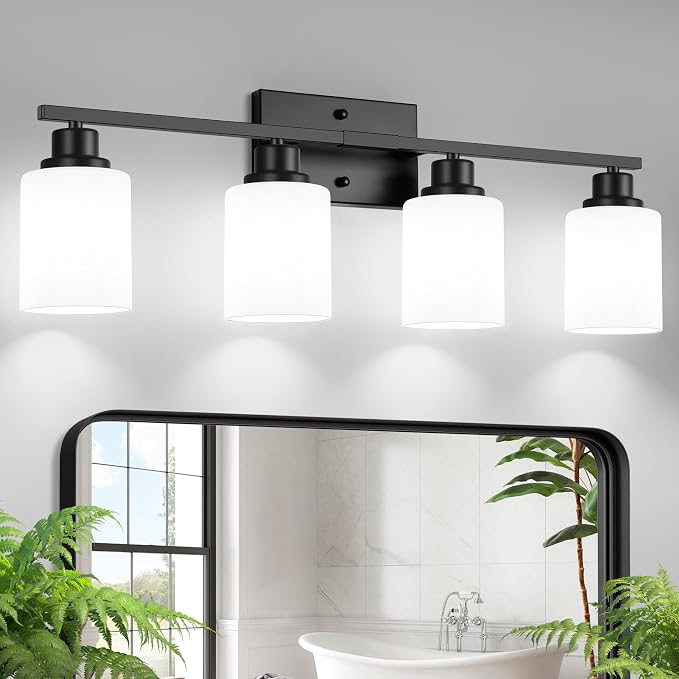 Ascher Bathroom Light Fixtures, 4-Light Vanity Light Over Mirror, Matte Black by Ascher