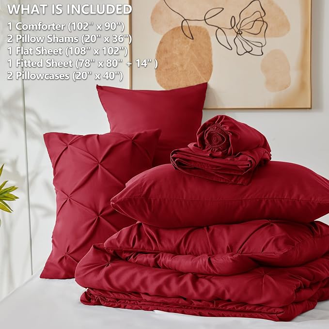 HIMEET Pintuck Bed in a Bag, 7 Pieces King Size Comforter Set Dark Red - Image 8